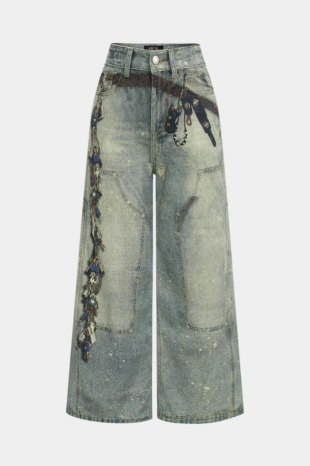 Graffiti Print Denim High Waist Wide Leg Pants