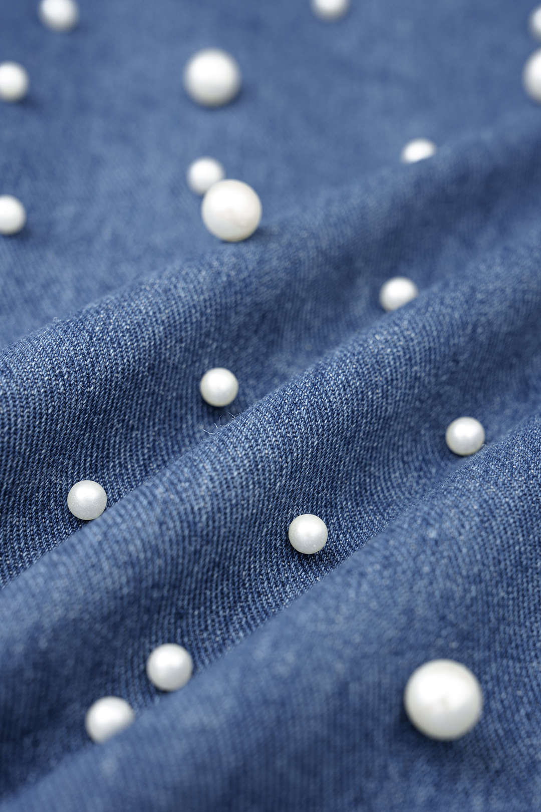 Denim Asymmetrical Waistband Pearls Decor Straight Leg Jeans - Image 3
