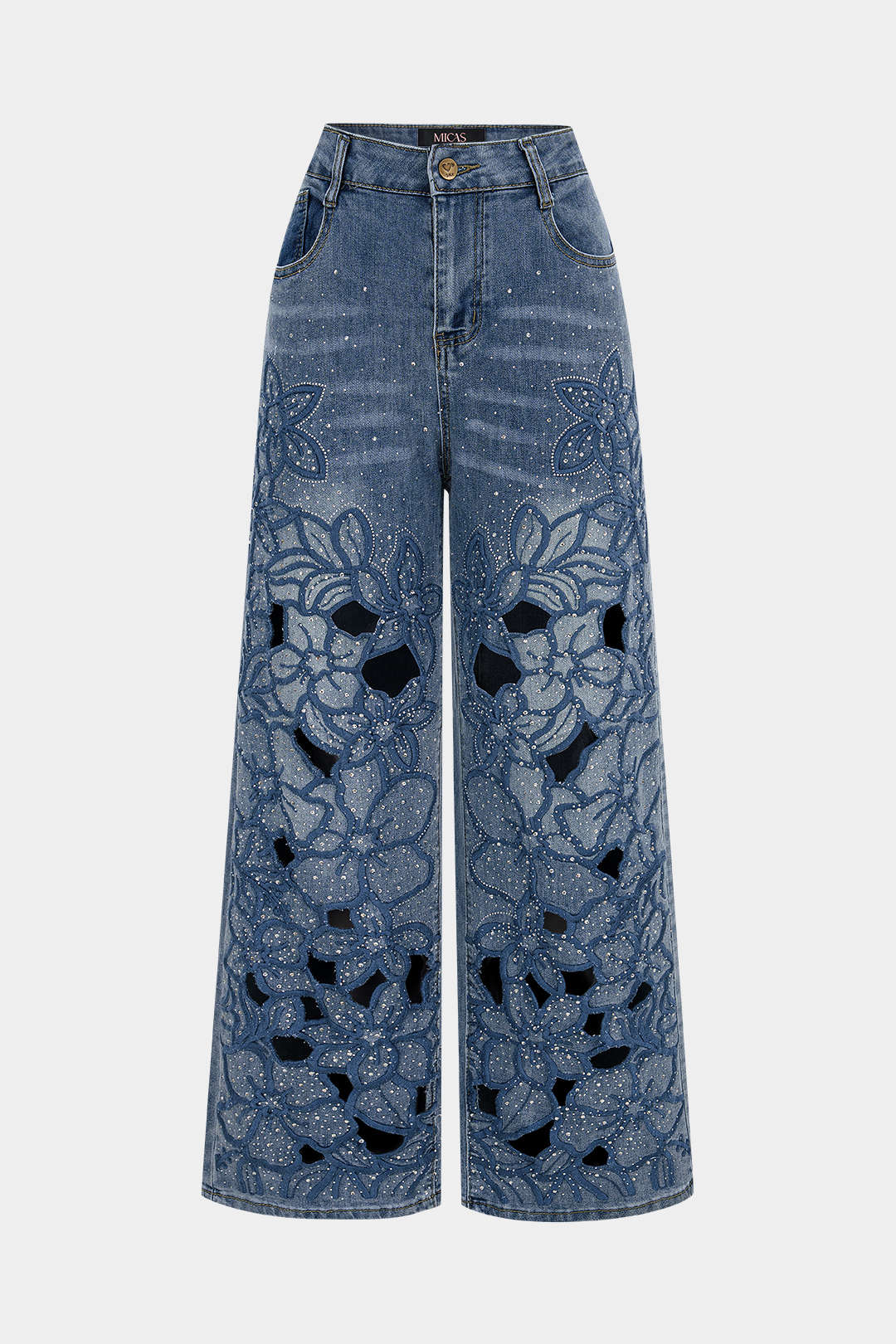 Denim Embroidery Rhinestone Cut Out Wide Leg Jeans - Image 5