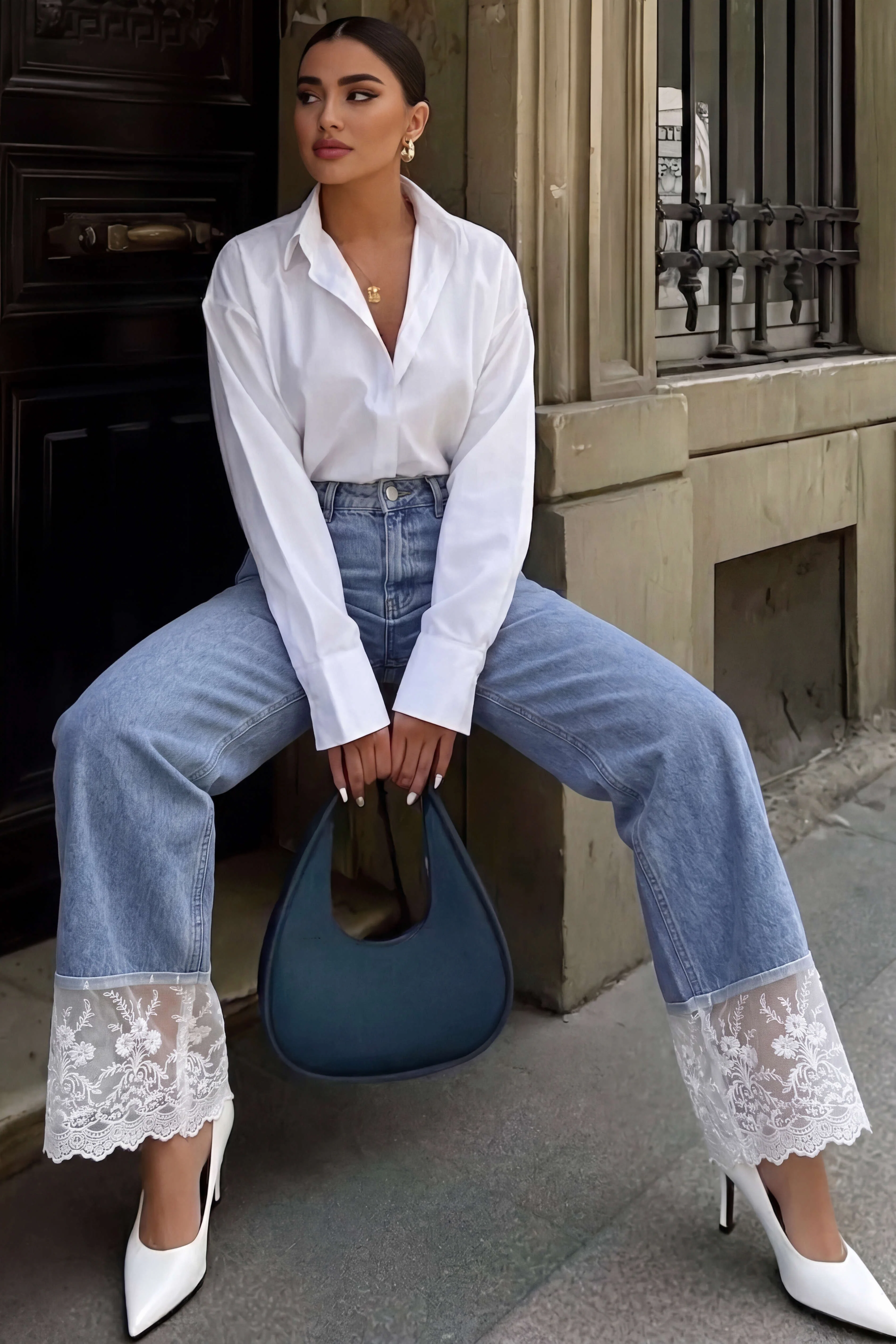 Denim Patchwork Lace Trim Pocket Jeans - Image 2