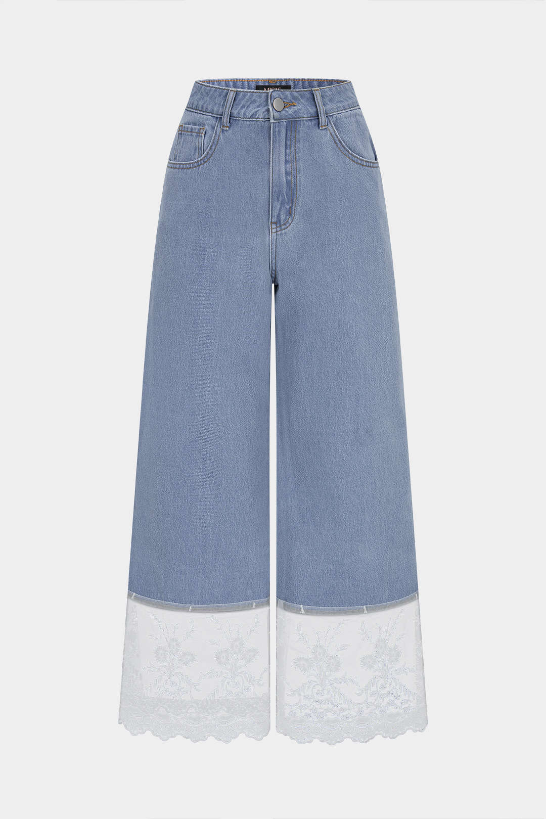 Denim Patchwork Lace Trim Pocket Jeans - Image 3