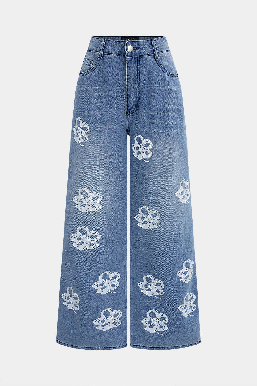 Denim Floral Print Straight Leg Jeans