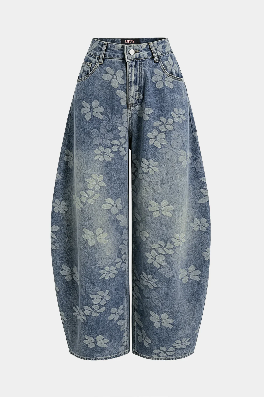 Denim Floral Print Pocket Wide Leg Jeans