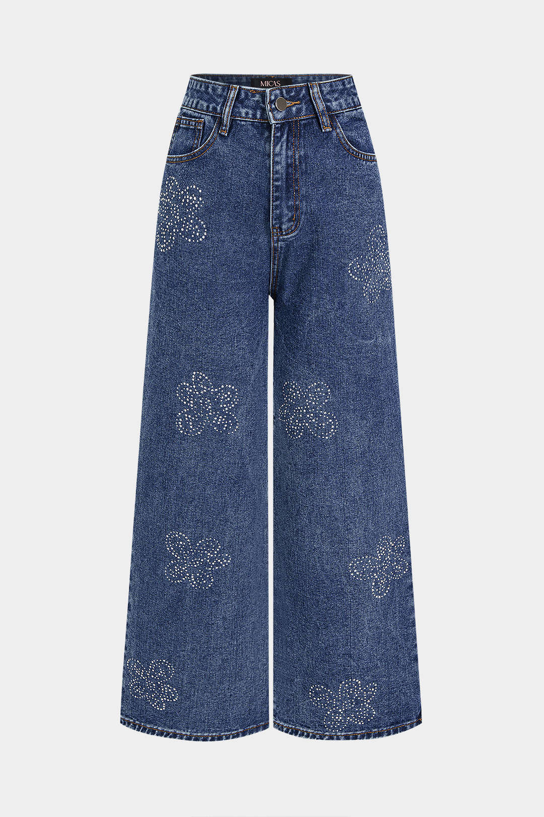 Denim Floral Rhinestone Straight Leg Jeans