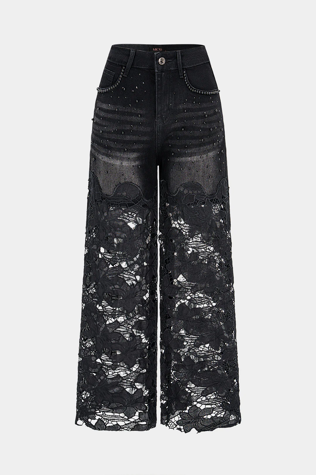 Denim Floral Hollow Out Rhinestone Decor Jeans