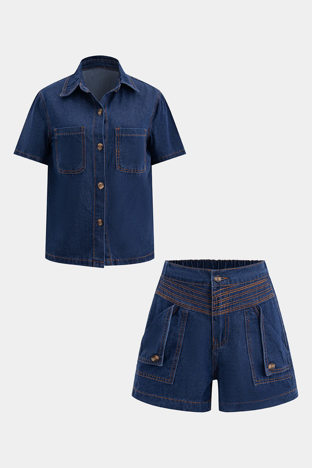 Denim Button Short-Sleeve Shirt And Pocket Shorts Set - Image 3