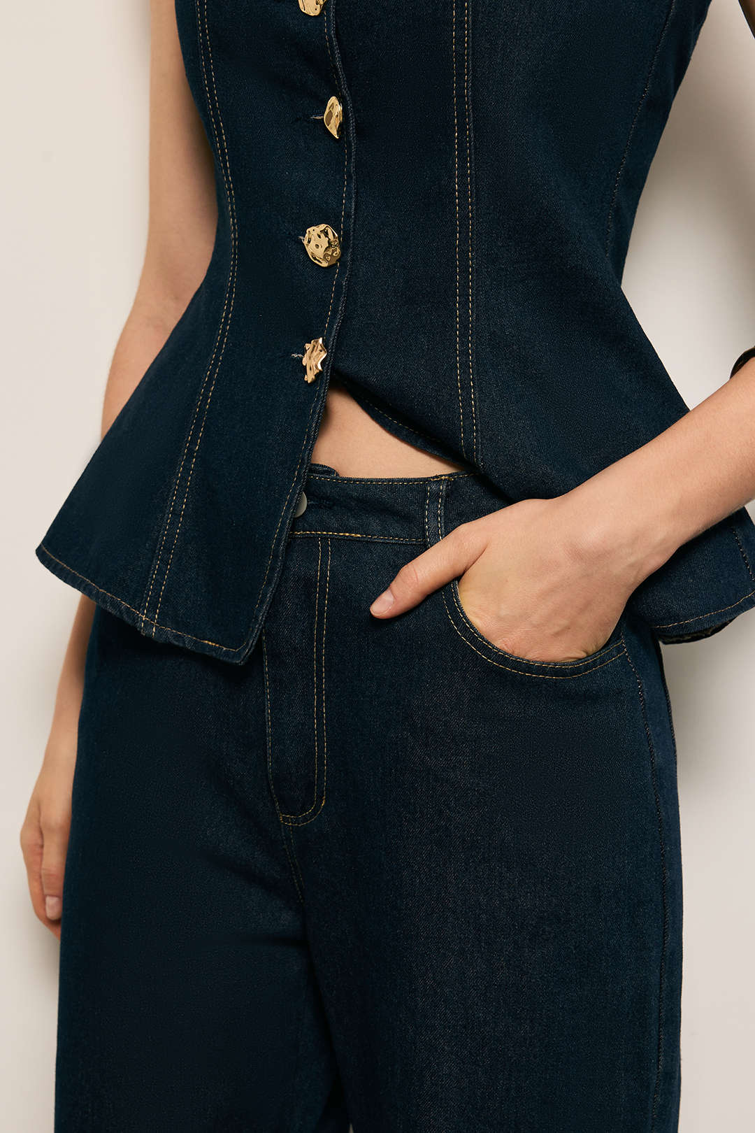 Denim Metallic Button Tank Top And Straight Leg Jeans Set - Image 5