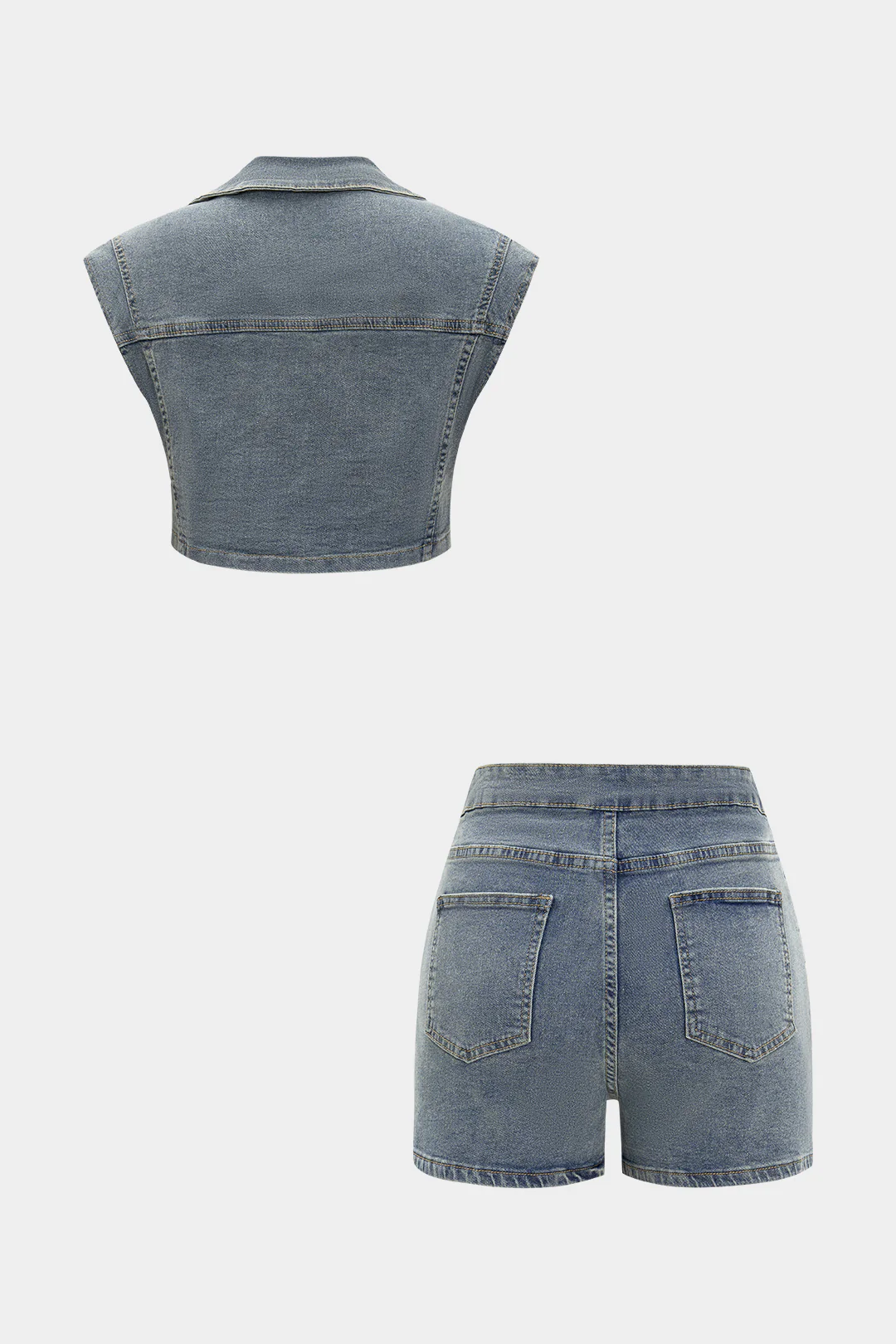 Denim Button Vest And Shorts Set - Image 2
