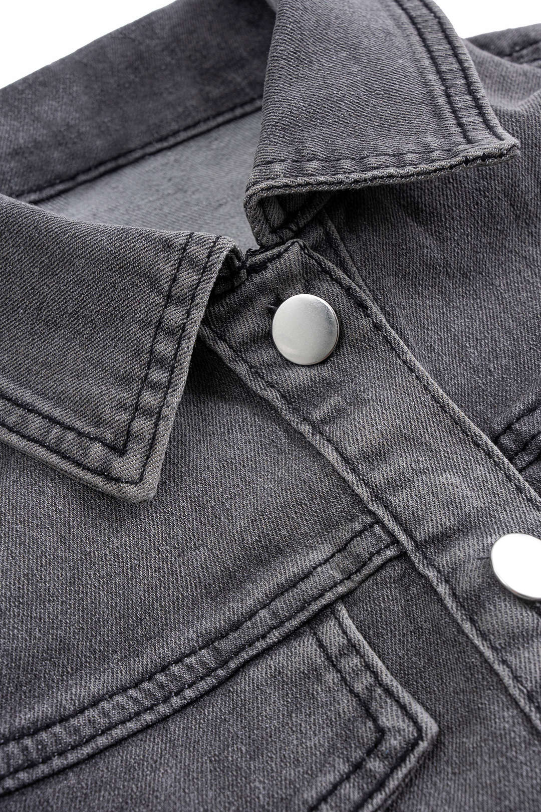 Denim Washed Button Stitching Detail Fake Pocket Long-Sleeve Top And Puff Mini Skirt Set - Image 3