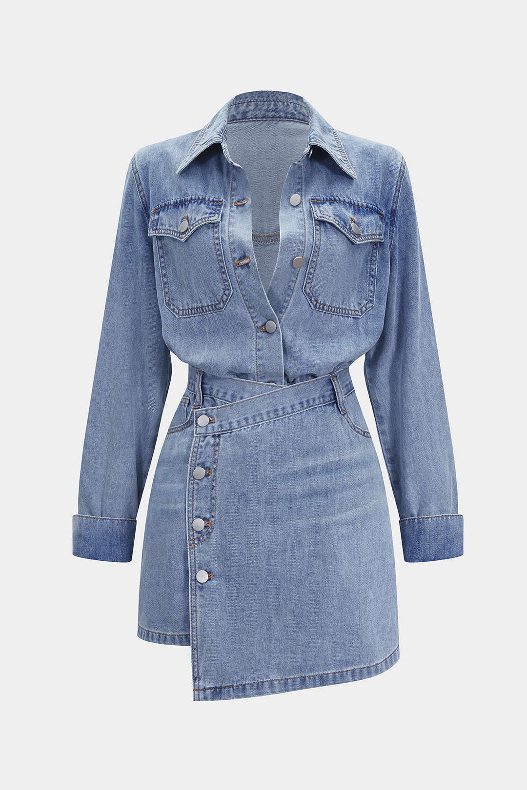 Denim Button Long-Sleeve Top And High Waist Mini Skirt Set - Image 12