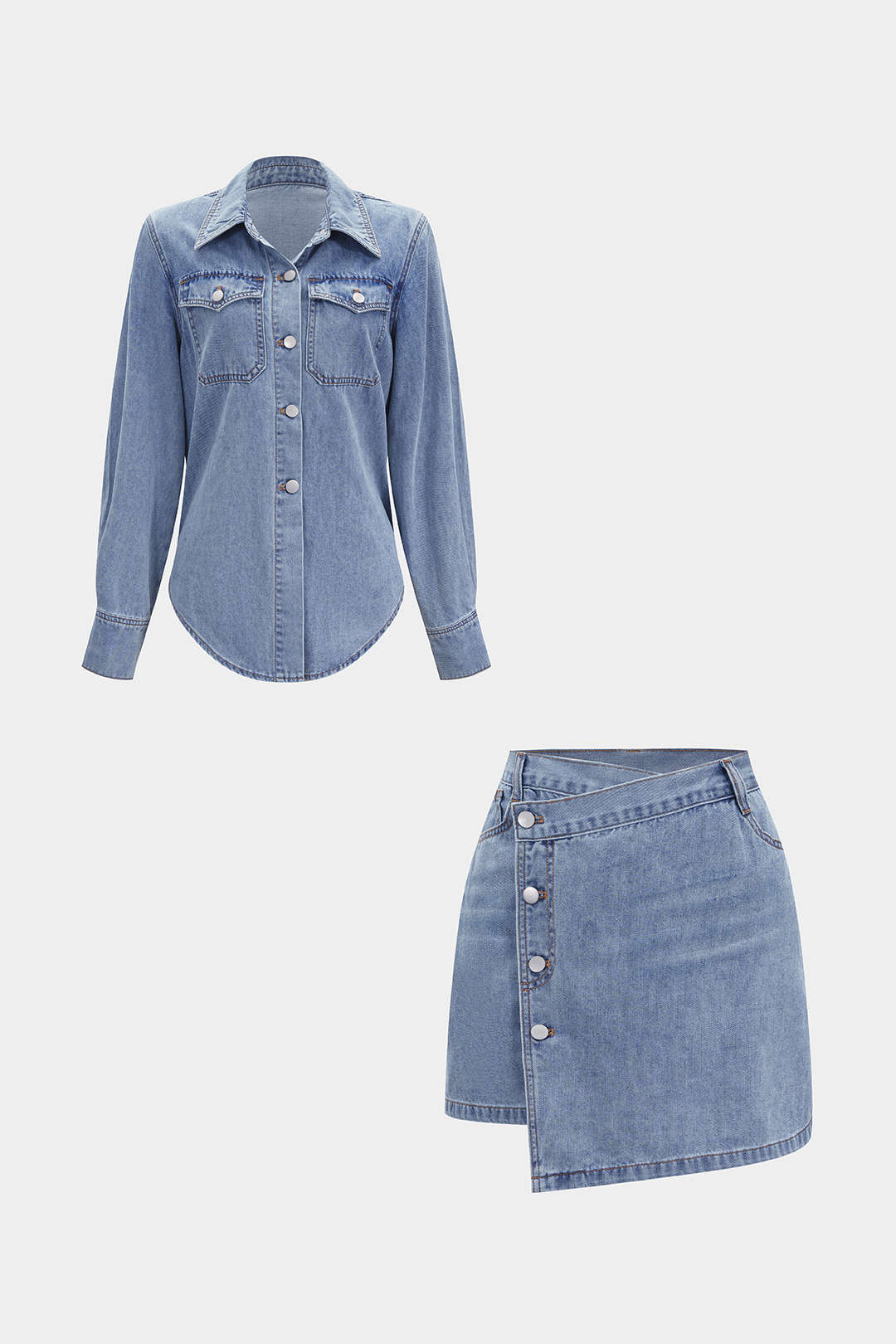 Denim Button Long-Sleeve Top And High Waist Mini Skirt Set - Image 13