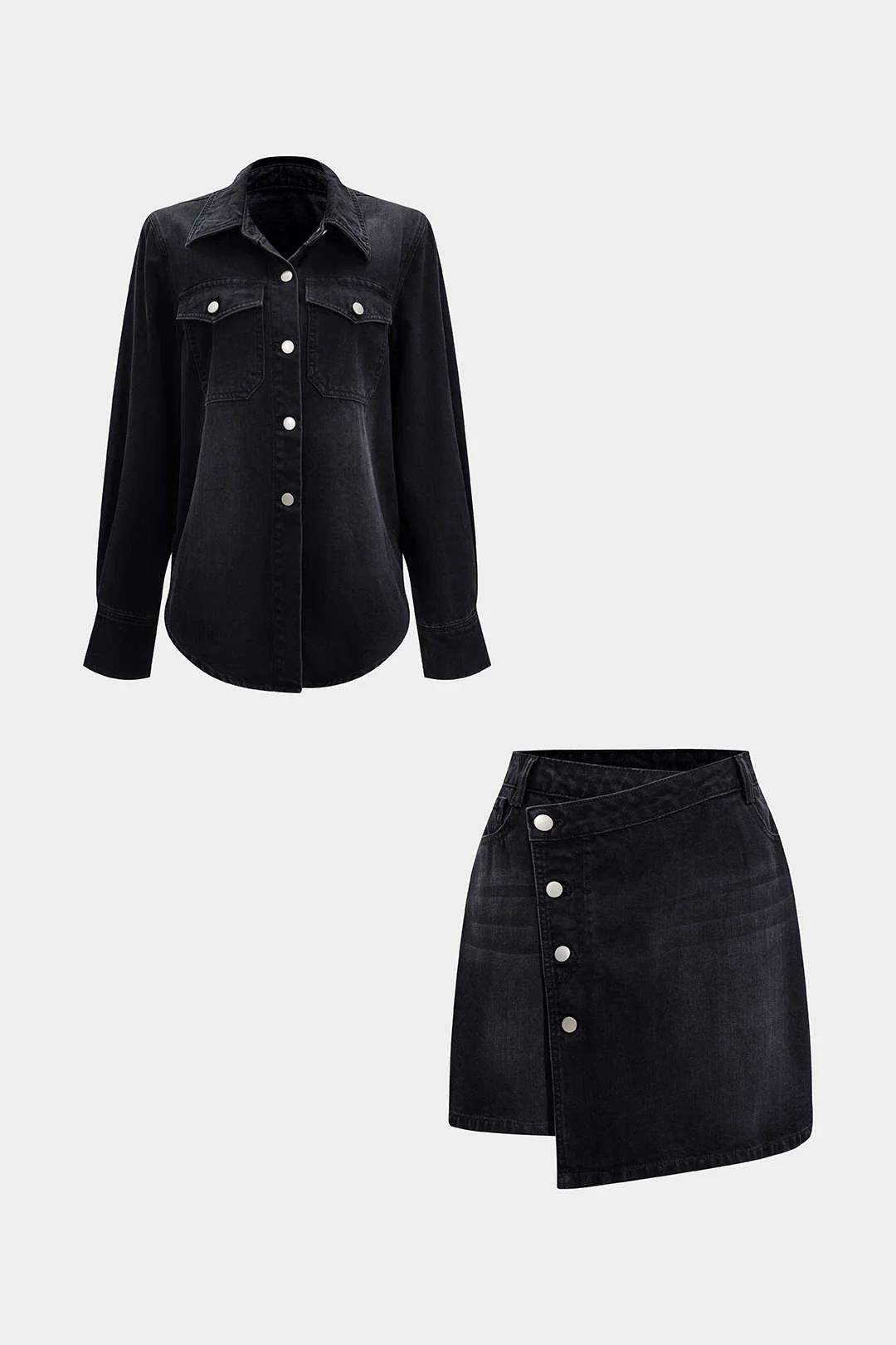 Denim Button Long-Sleeve Top And High Waist Mini Skirt Set - Image 15