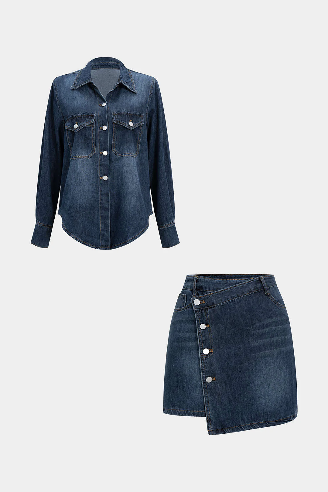 Denim Button Long-Sleeve Top And High Waist Mini Skirt Set - Image 2