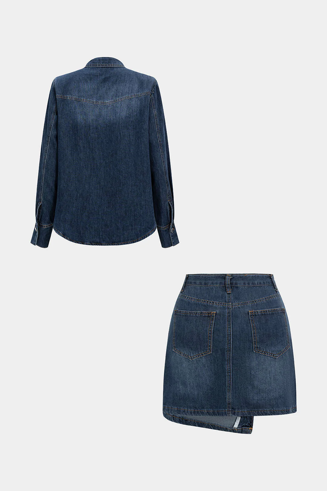 Denim Button Long-Sleeve Top And High Waist Mini Skirt Set - Image 3