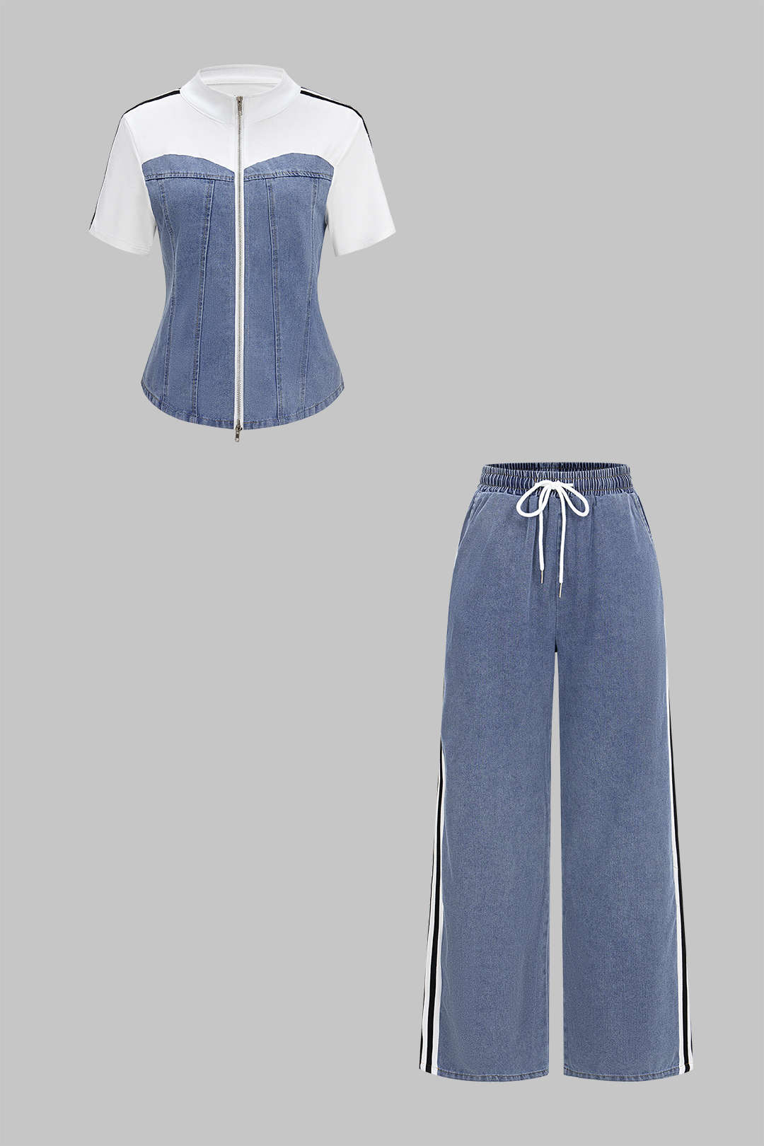 Denim Patchwork Mock Neck Zipper Short Sleeve Top And Drawstring Shirred Waistband Jeans Set