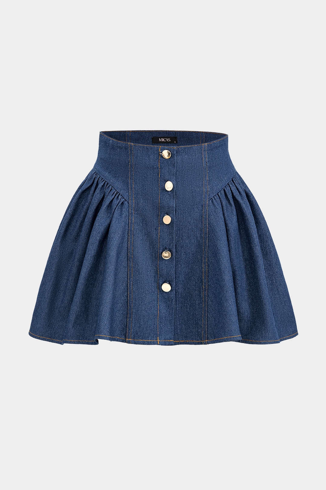 Denim Ruched Button High Waist Skirt