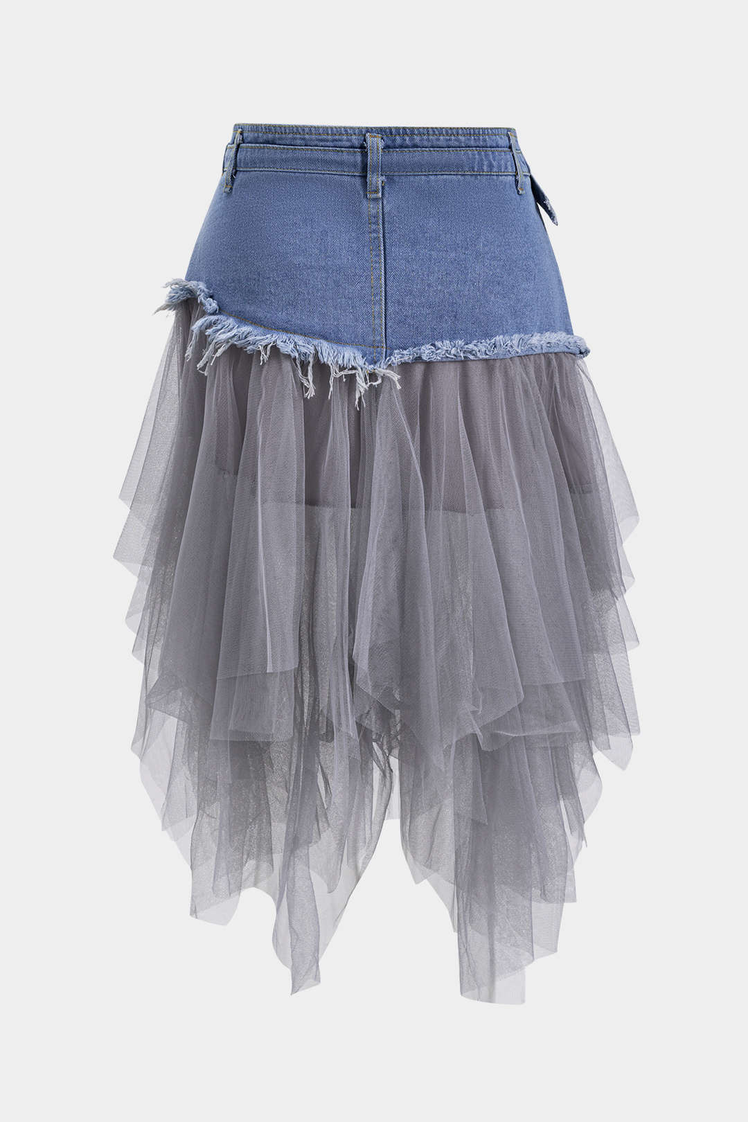 Denim Mesh Patchwork Belted Button Pocket Skirt - Image 2
