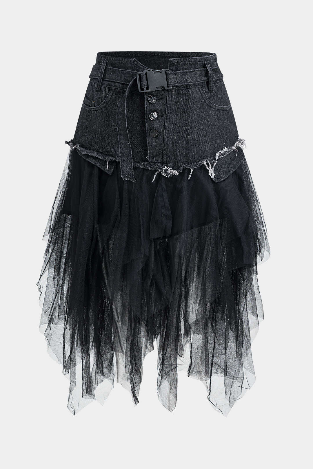 Denim Mesh Patchwork Belted Button Pocket Skirt - Image 6