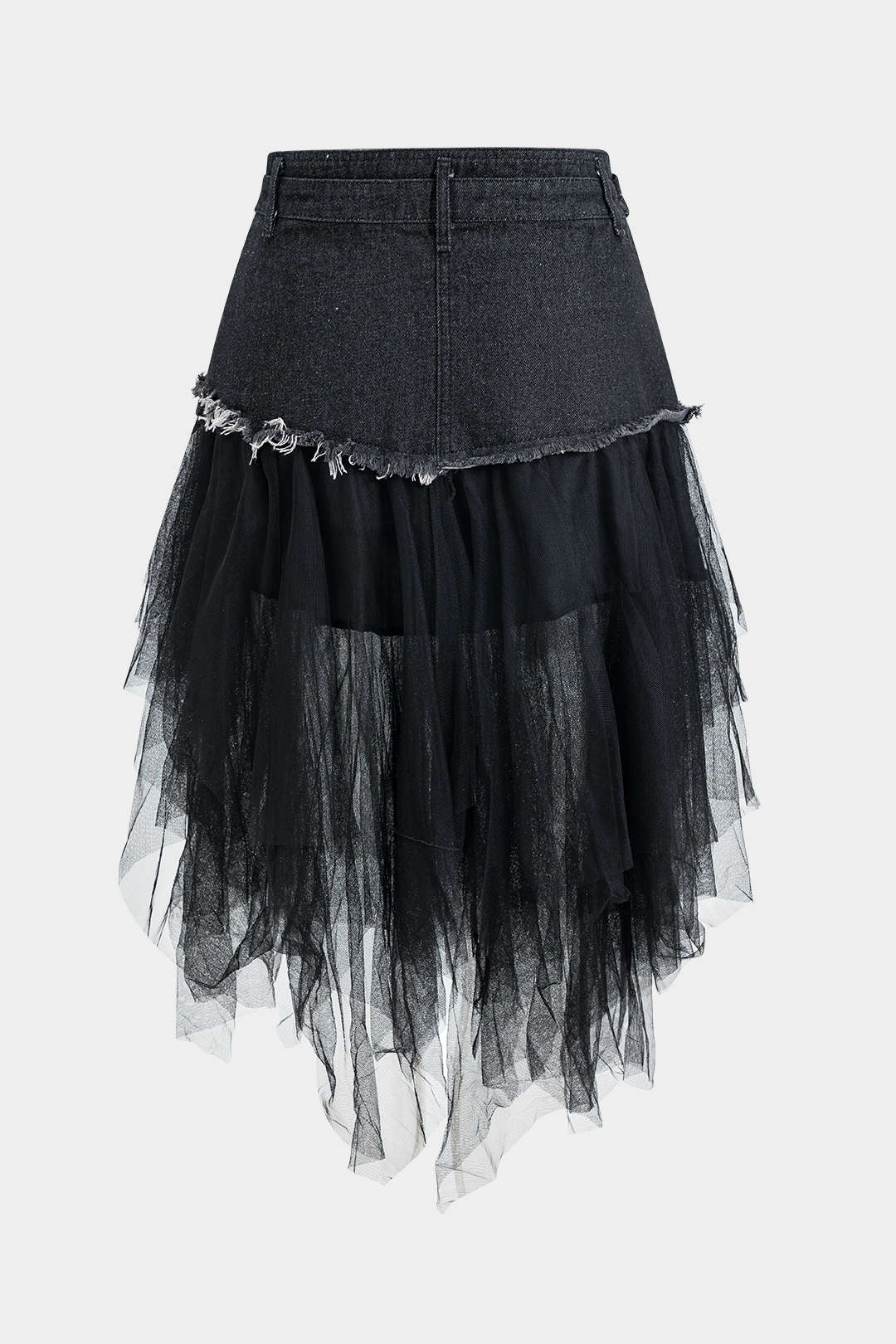 Denim Mesh Patchwork Belted Button Pocket Skirt - Image 7