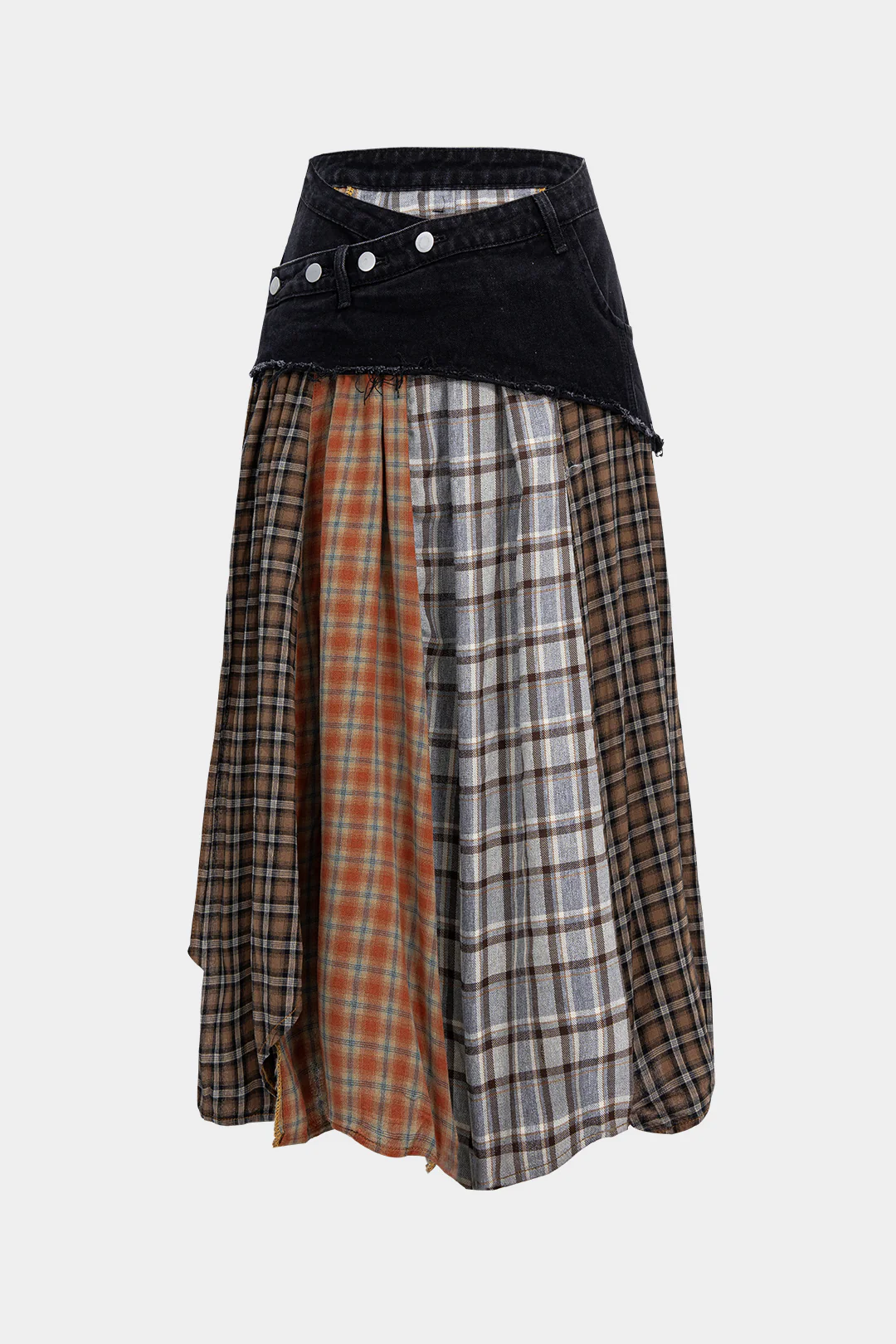 Color Block Plaid Print Denim Patchwork Asymmetrical Skirt - Image 8