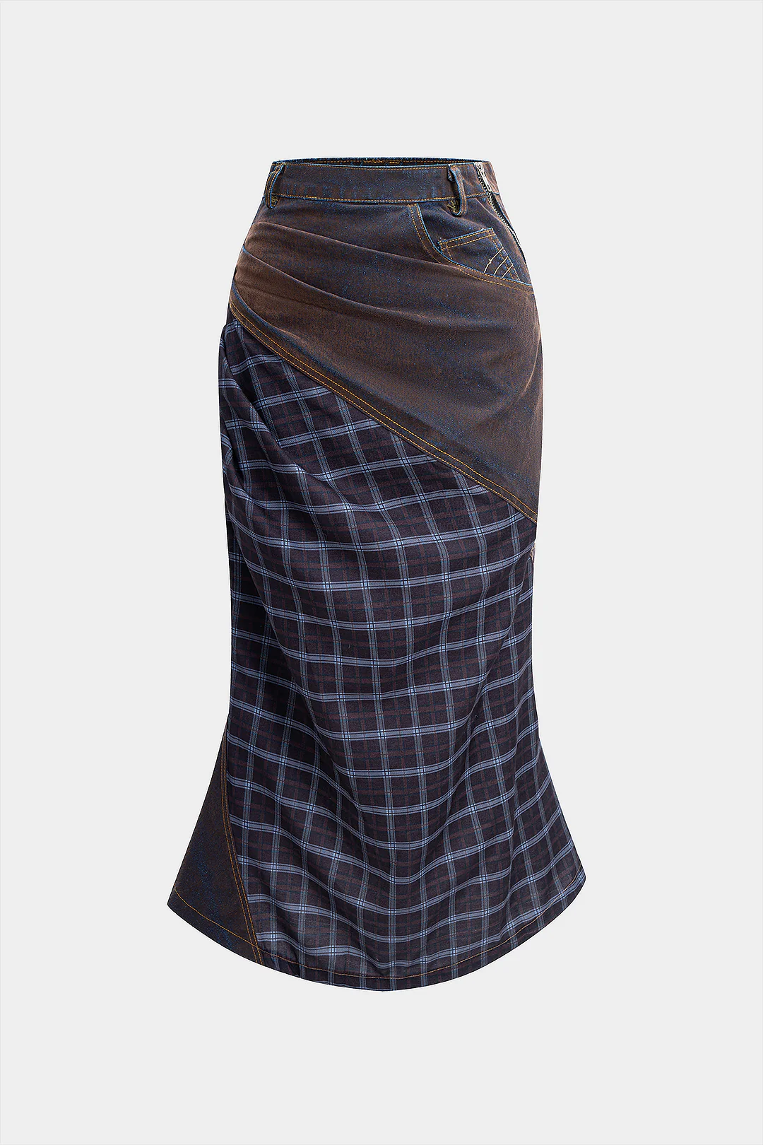 Denim Washed Plaid Print Patchwork Skirt