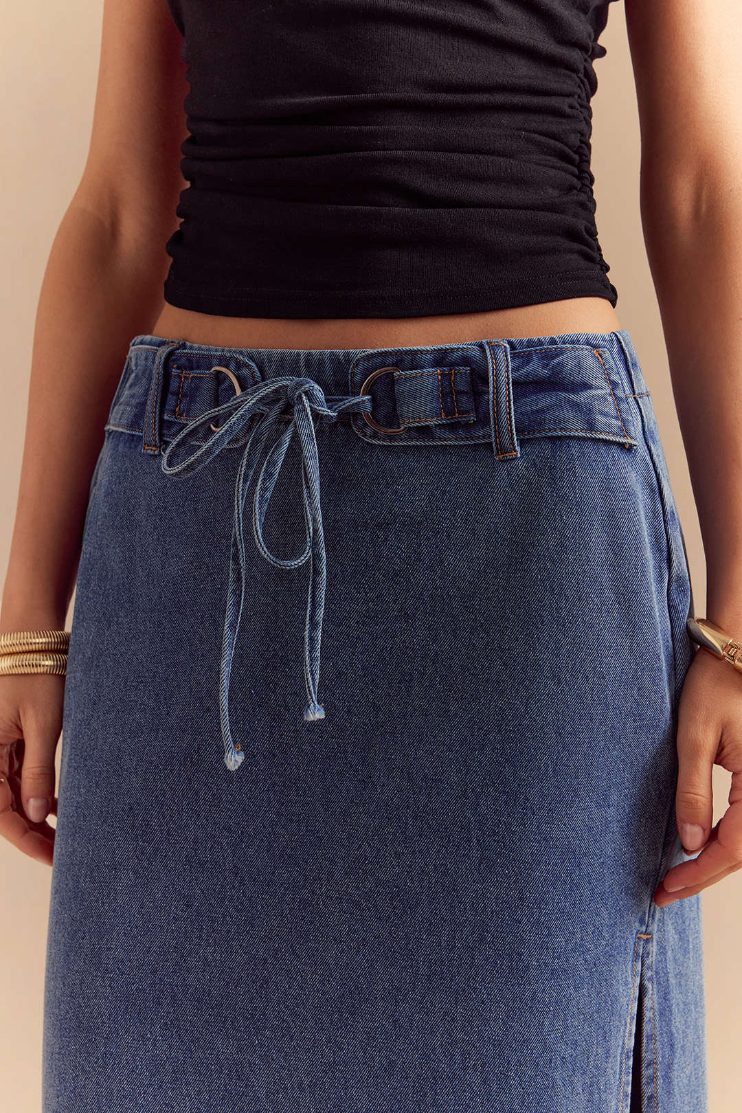 Denim Belted High Slit Skirt - Image 3