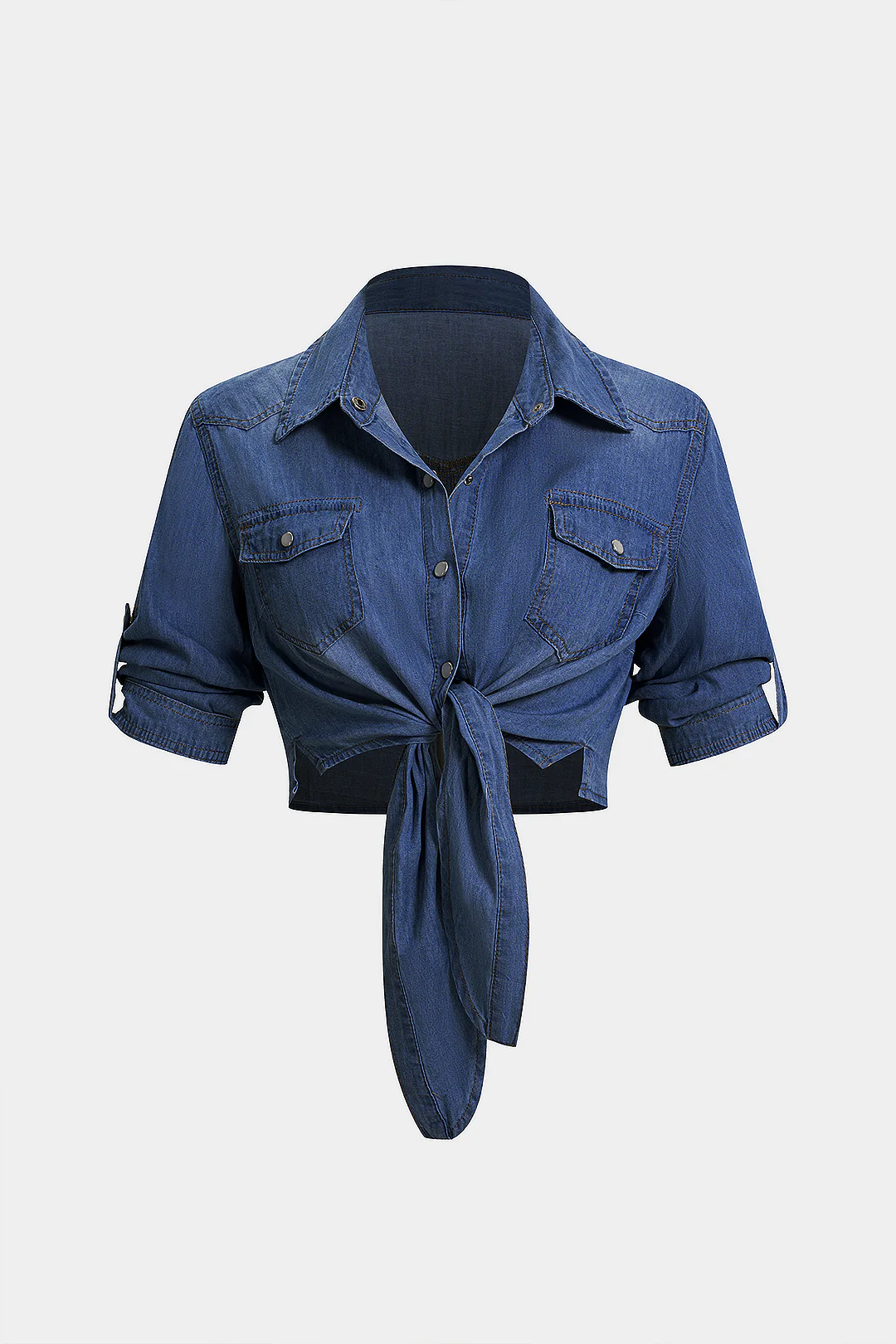 Denim Lapel Knotted Short Sleeve Shirt - Image 6