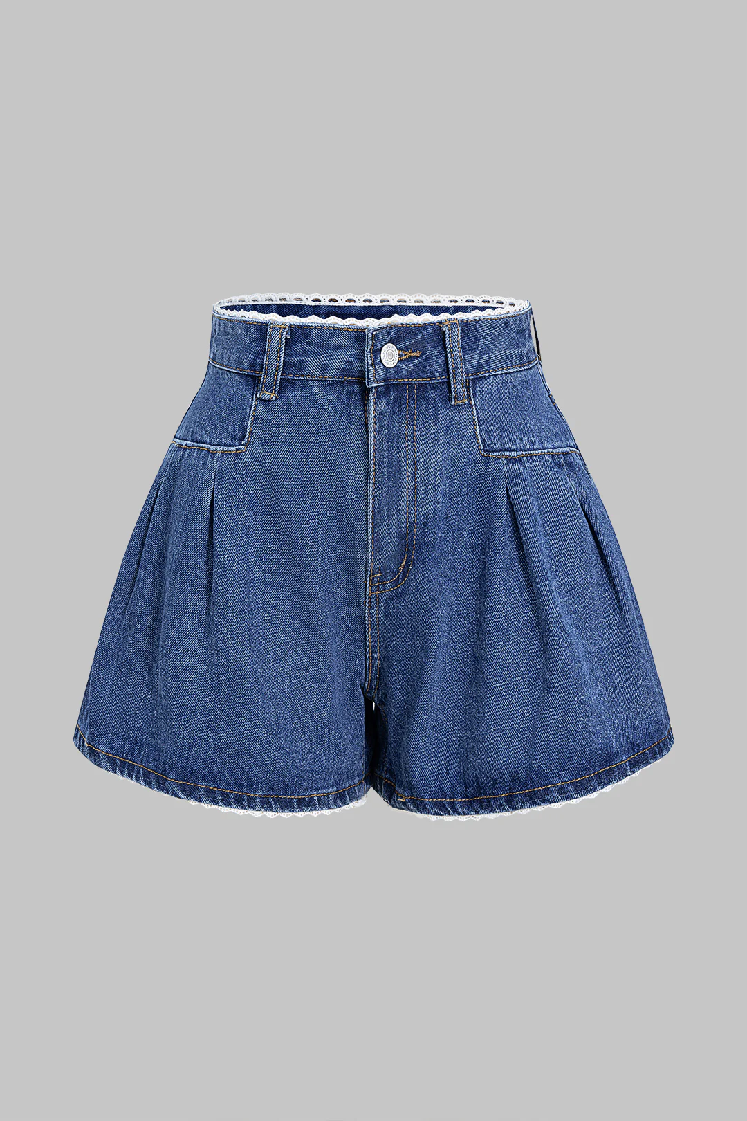 Denim Patchwork Lace Ruched High Waist Wide Leg Shorts