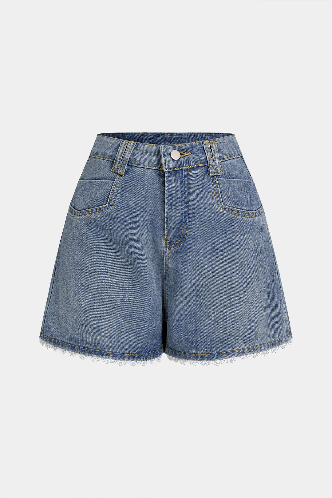 Denim Patchwork Lace Trim High Waist Wide Leg Shorts