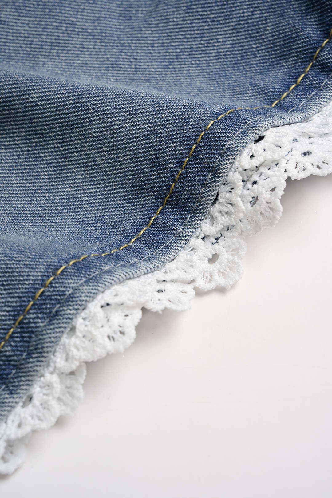 Denim Patchwork Lace Trim High Waist Wide Leg Shorts - Image 5