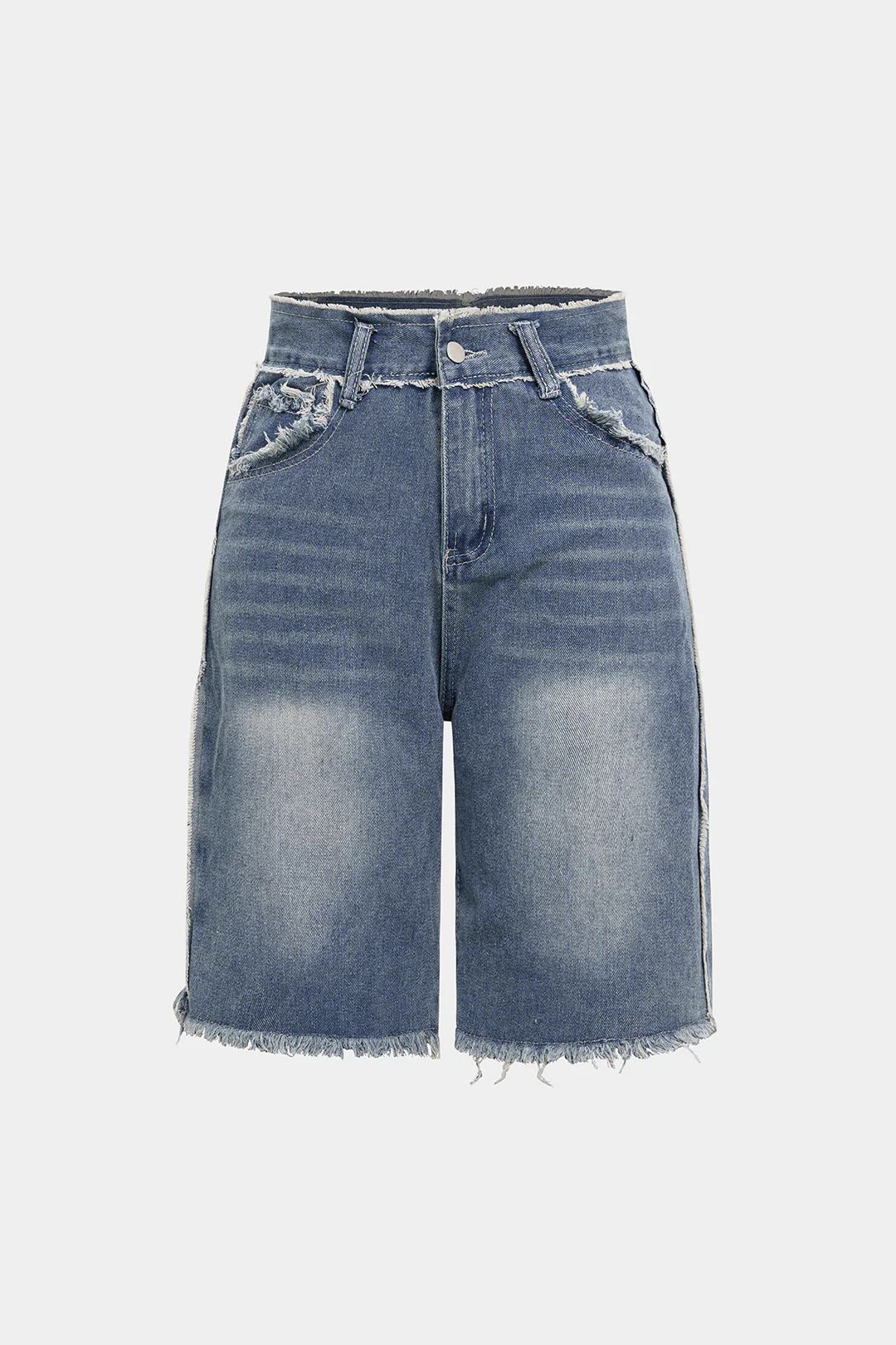 Denim Frayed High Waist Straight Leg Shorts