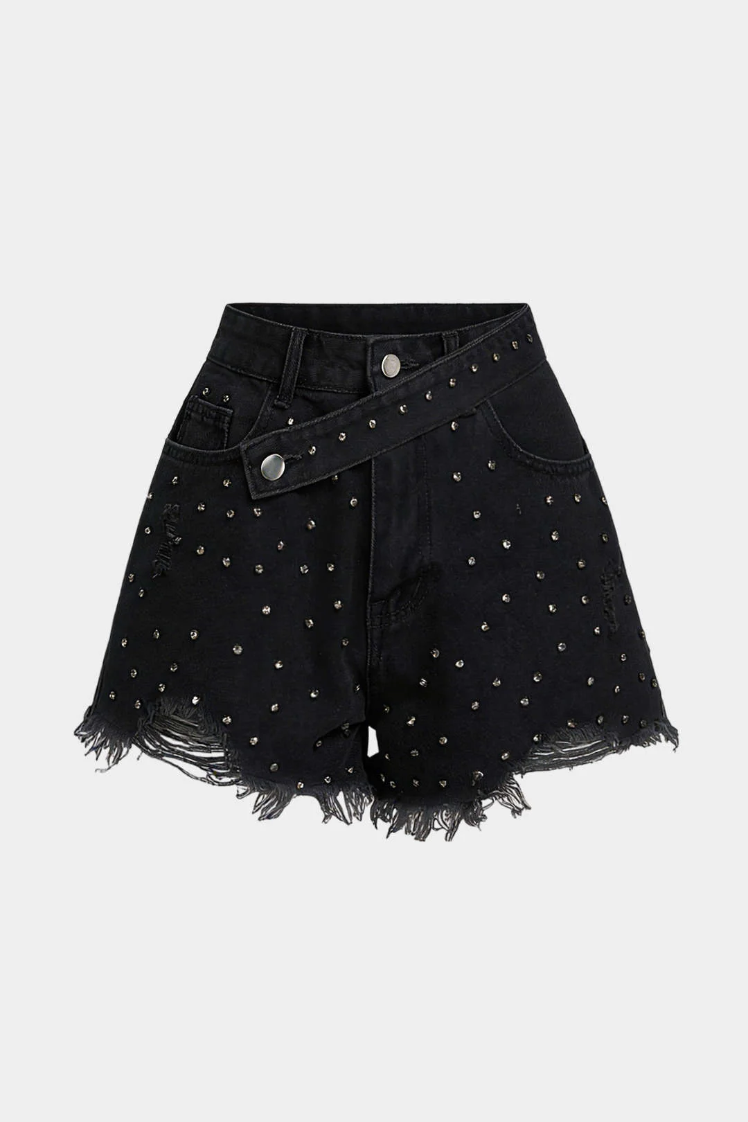 Denim Ripped Rhinestone Asymmetrical Shorts - Image 5