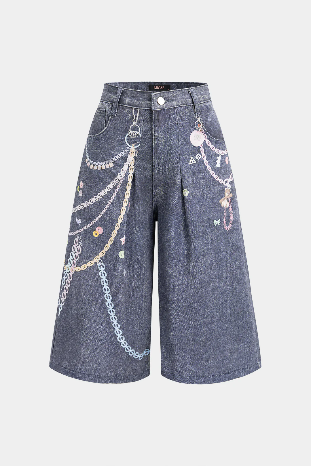 Denim Graffiti Print Asymmetrical Pocket Wide Leg Shorts