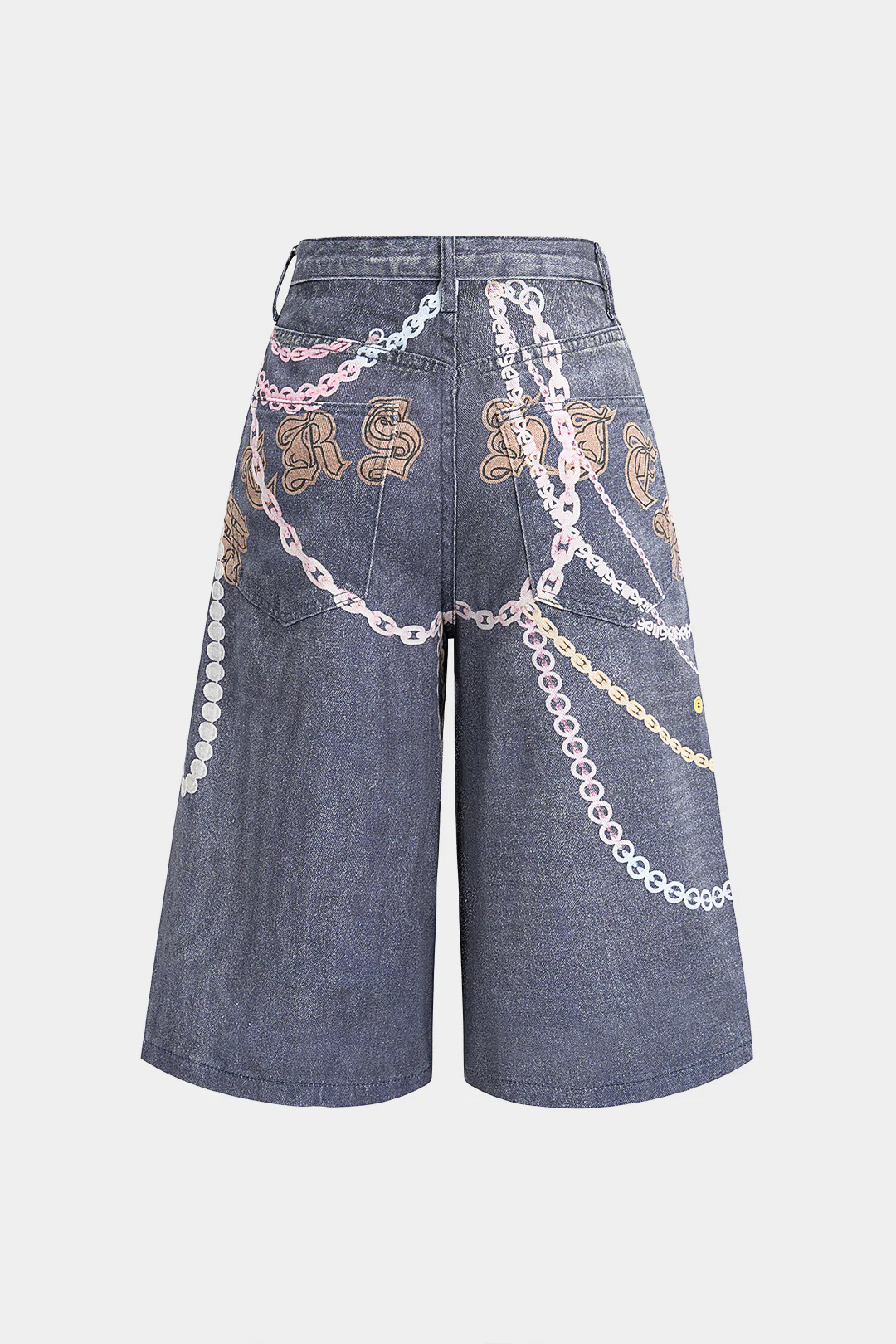 Denim Graffiti Print Asymmetrical Pocket Wide Leg Shorts - Image 2