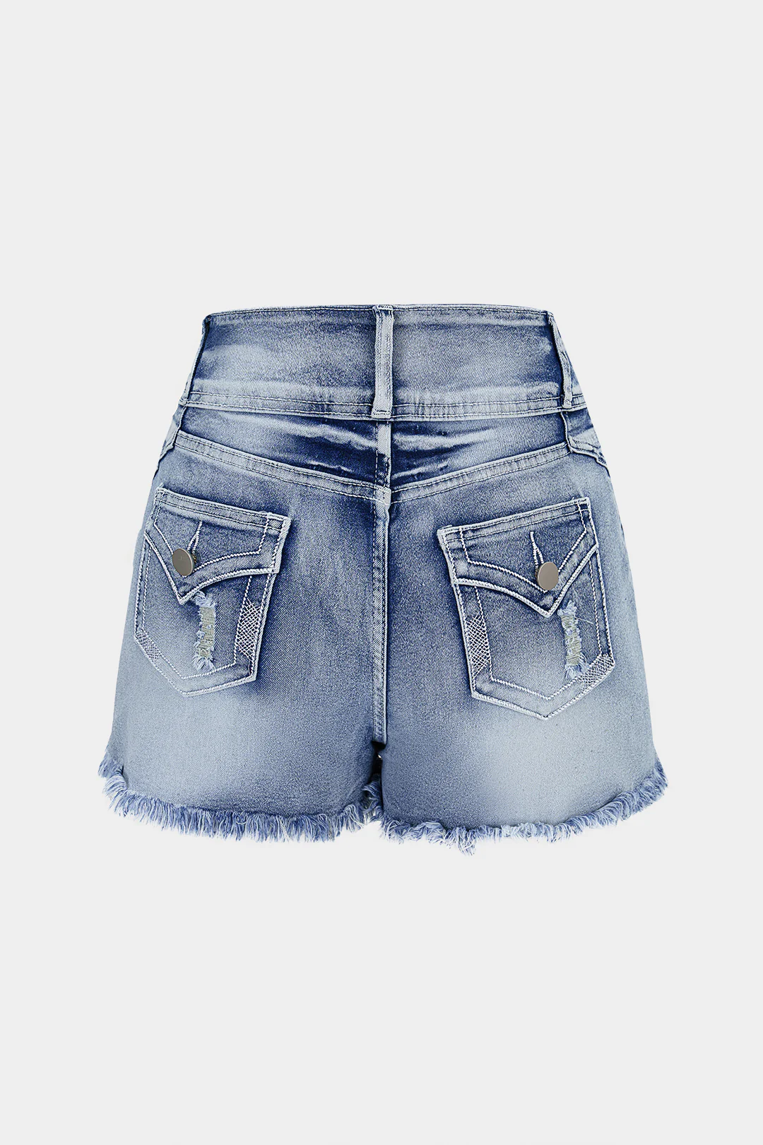 Denim Button High Waist Frayed Shorts - Image 2