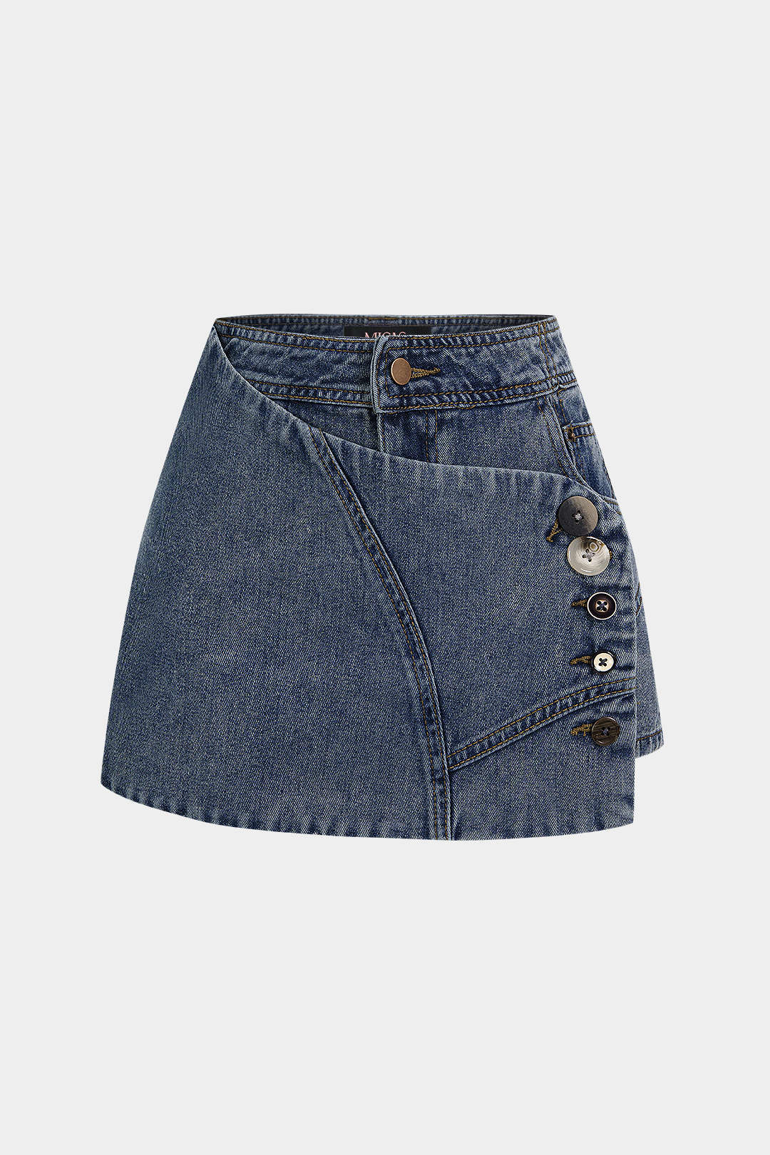 Denim Patchwork Faux Leather Pocket Asymmetrical Button Shorts