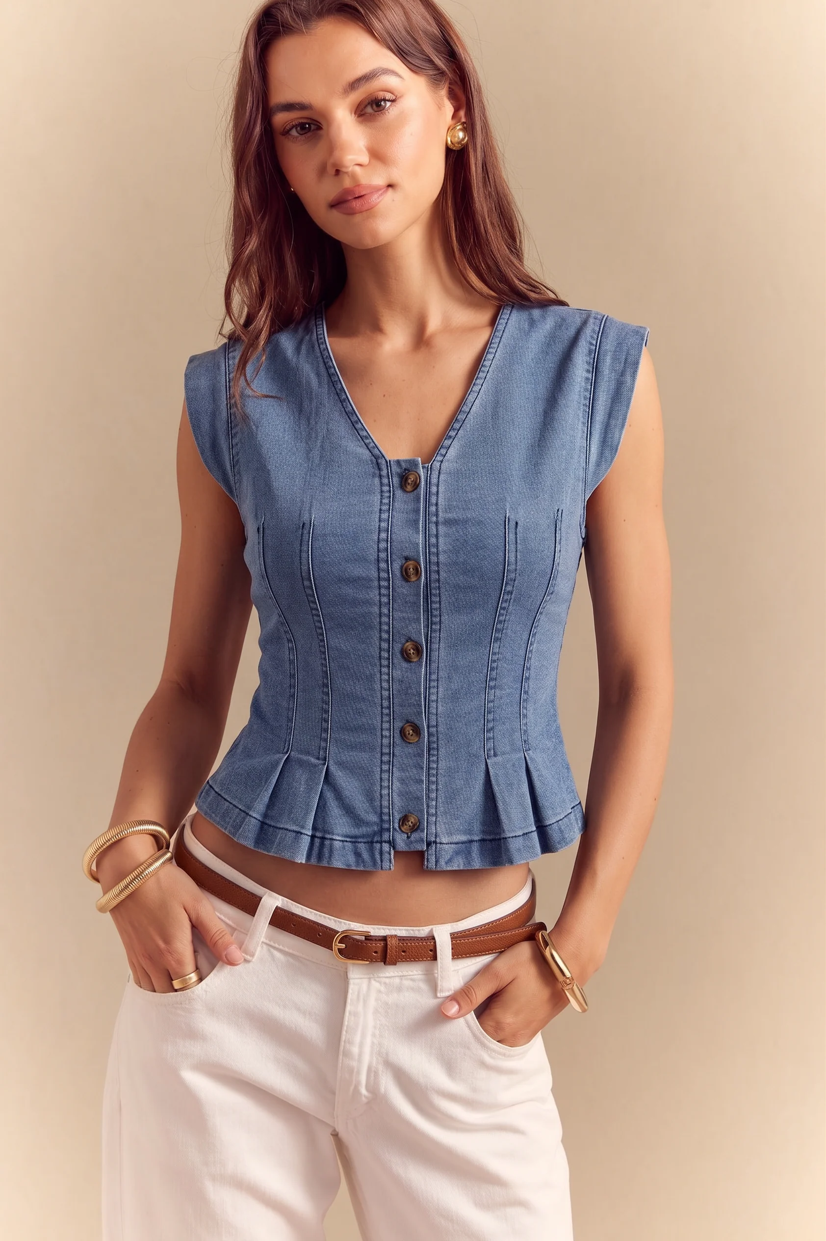 Denim V-Neck Ruched Tank Top