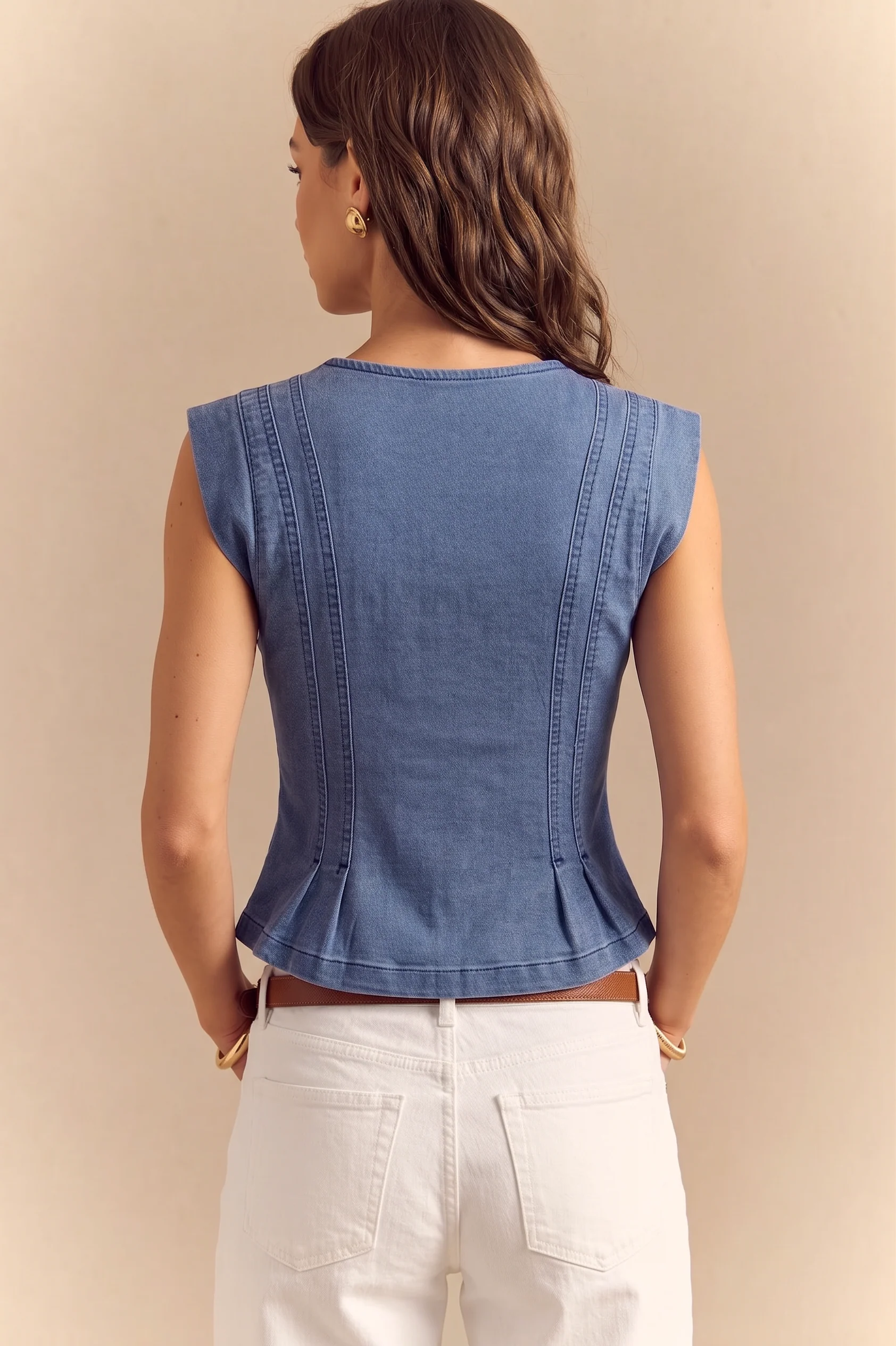 Denim V-Neck Ruched Tank Top - Image 2