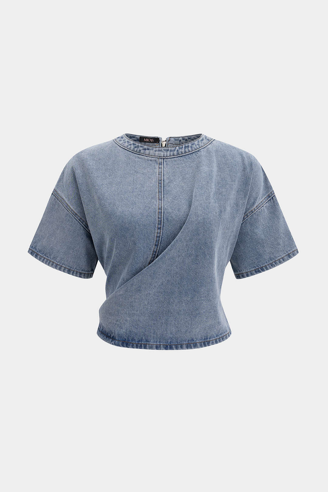 Denim Round Neck Tie Back Zipper Short Sleeve T-Shirt