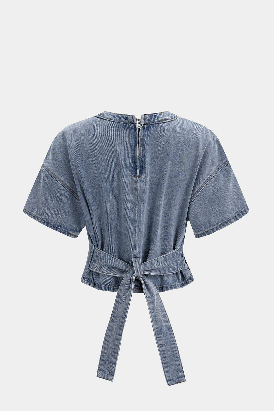 Denim Round Neck Tie Back Zipper Short Sleeve T-Shirt - Image 2