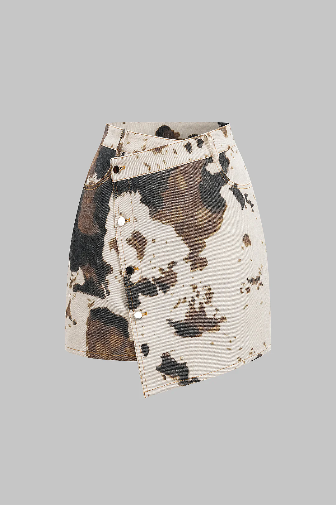 Denim Abstract Splatter Print Asymmetrical Button High Waist Skirt
