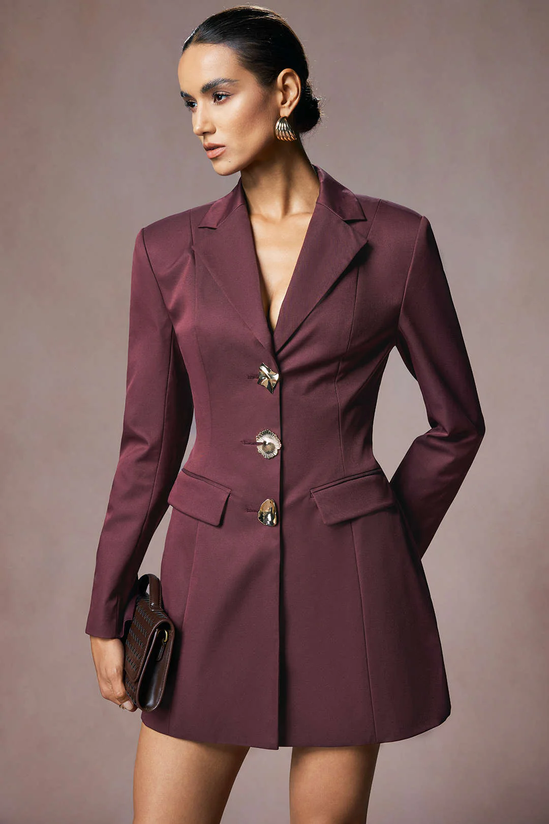 Notched Lapel Irregular Button Long-Sleeve Mini Dress