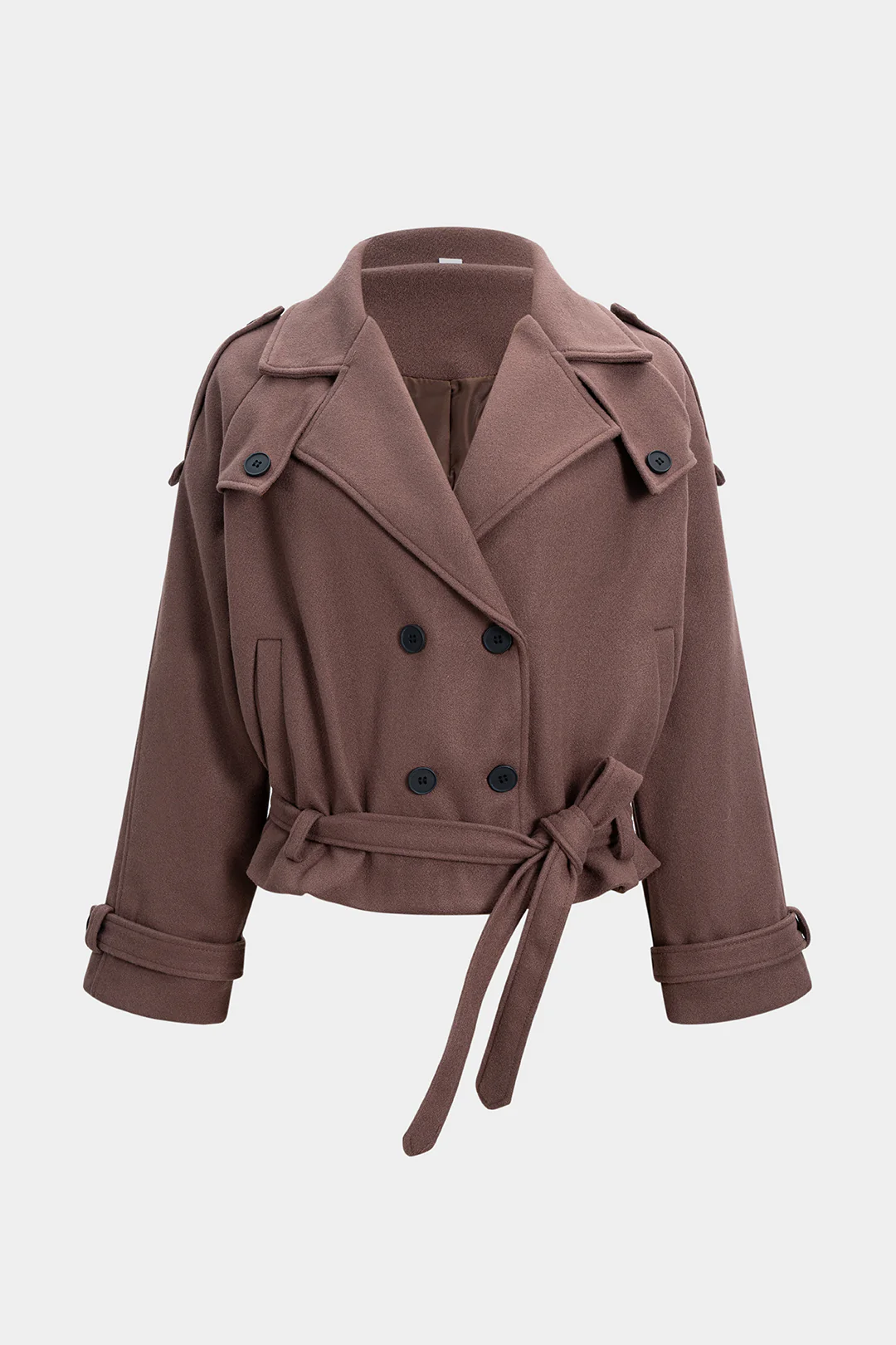 Woolen Button Tie-Up Double-Breasted Coat