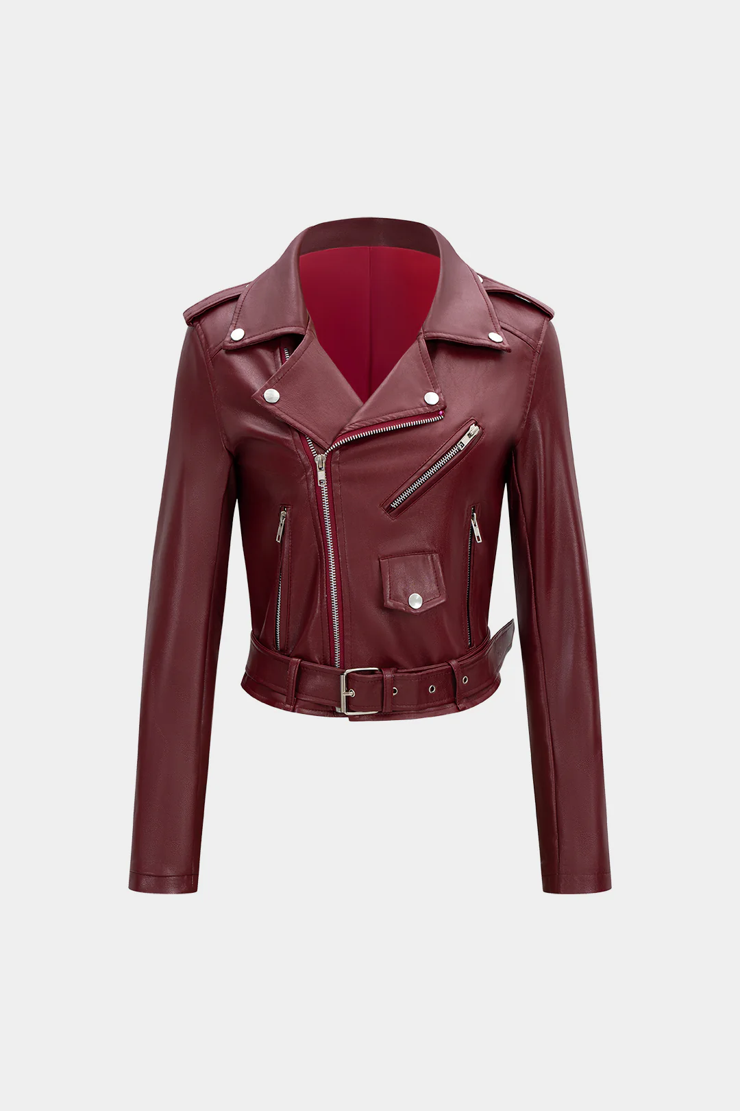 Faux Leather Zipper Belted Jacket