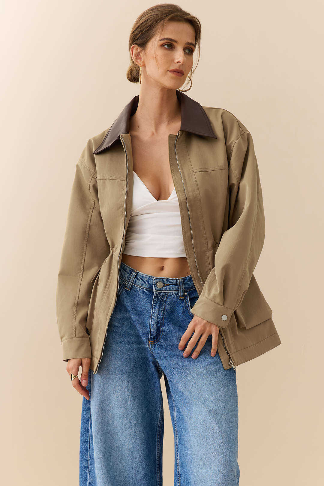 Faux Leather Patchwork Pocket Zipper Jacket