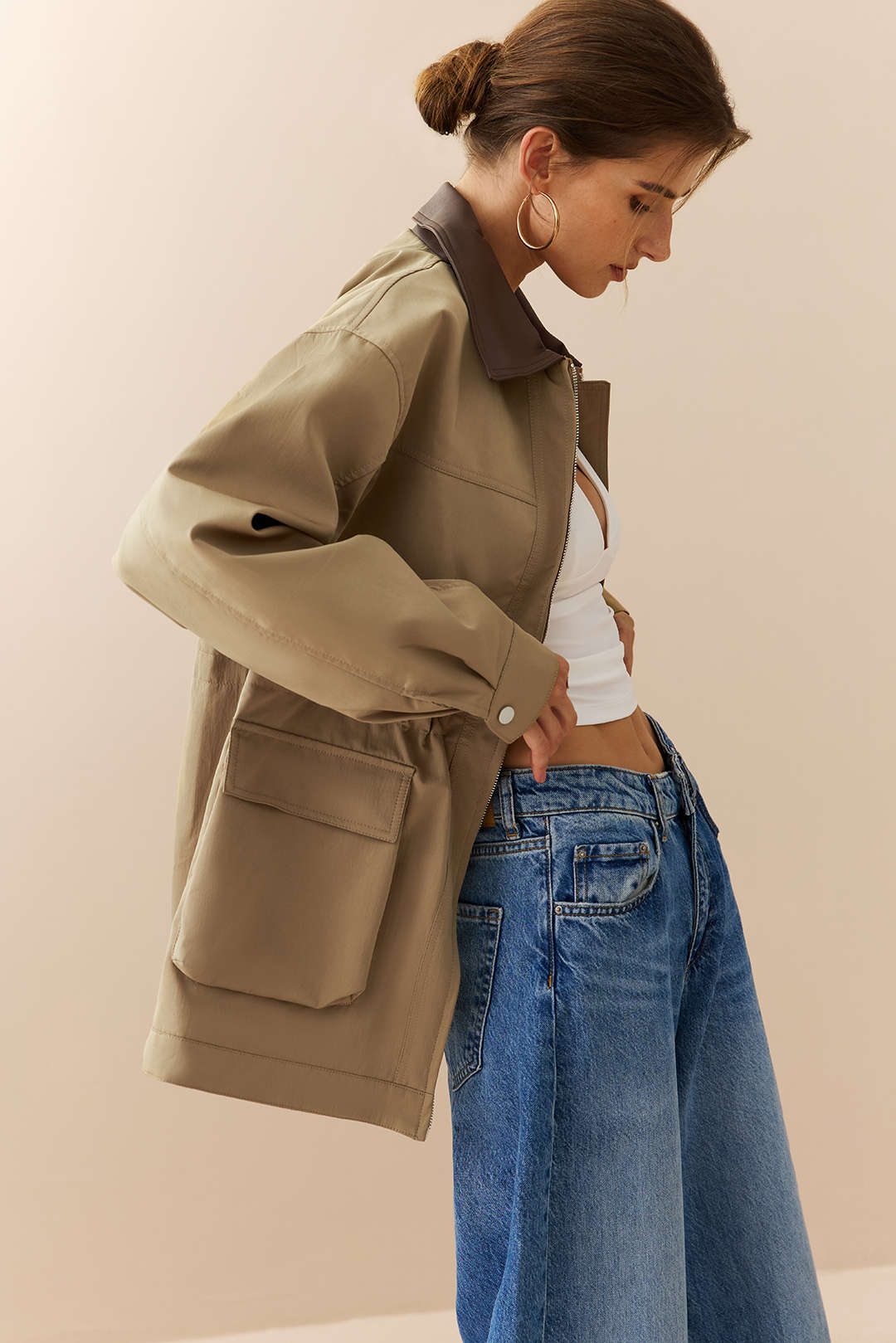 Faux Leather Patchwork Pocket Zipper Jacket - Image 2