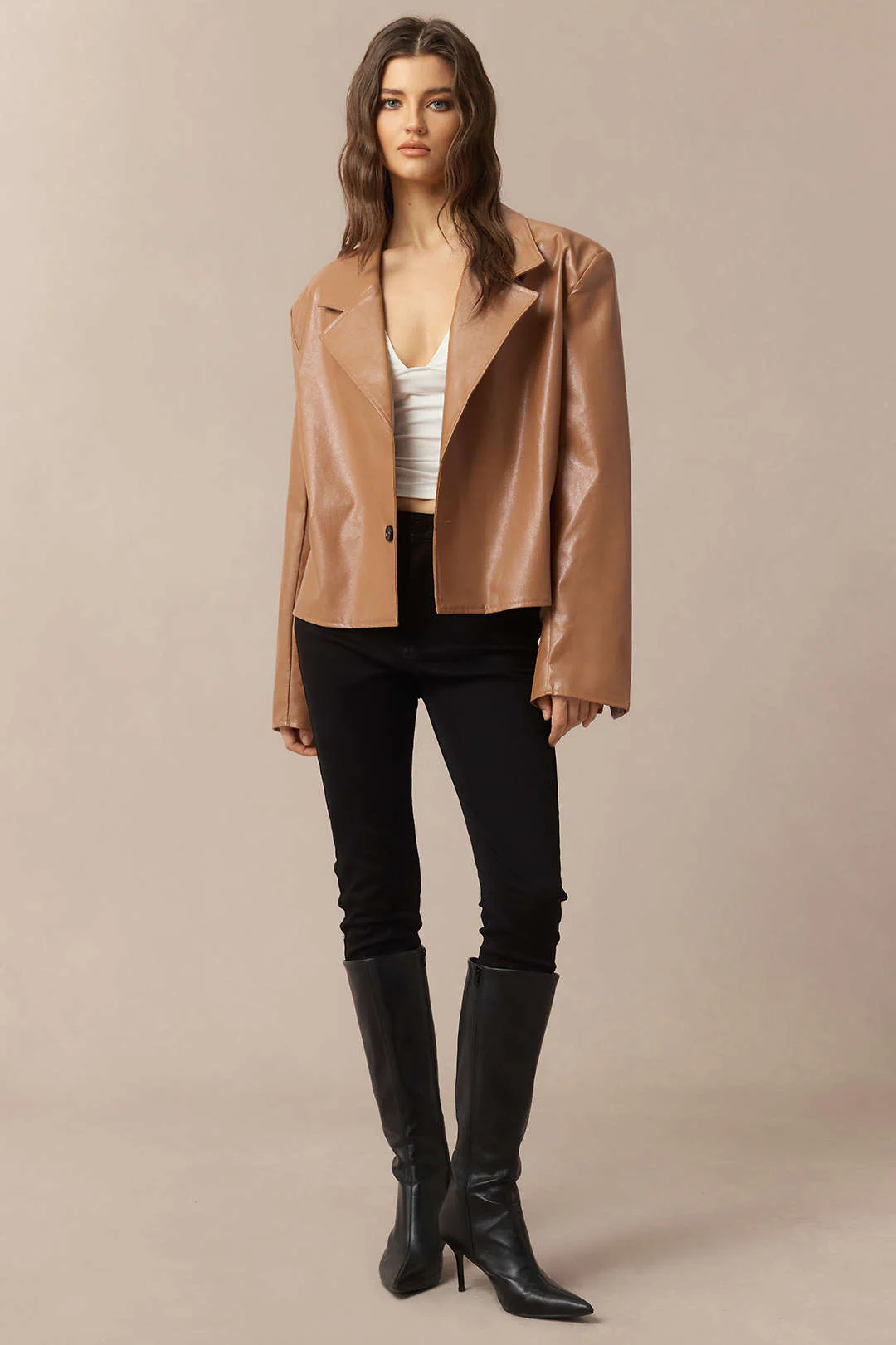 Faux Leather Notched Lapel Jacket - Image 3