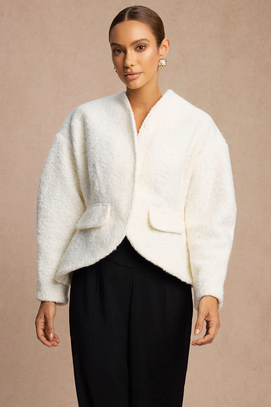 Woolen Fake Pockets Cropped Jacket