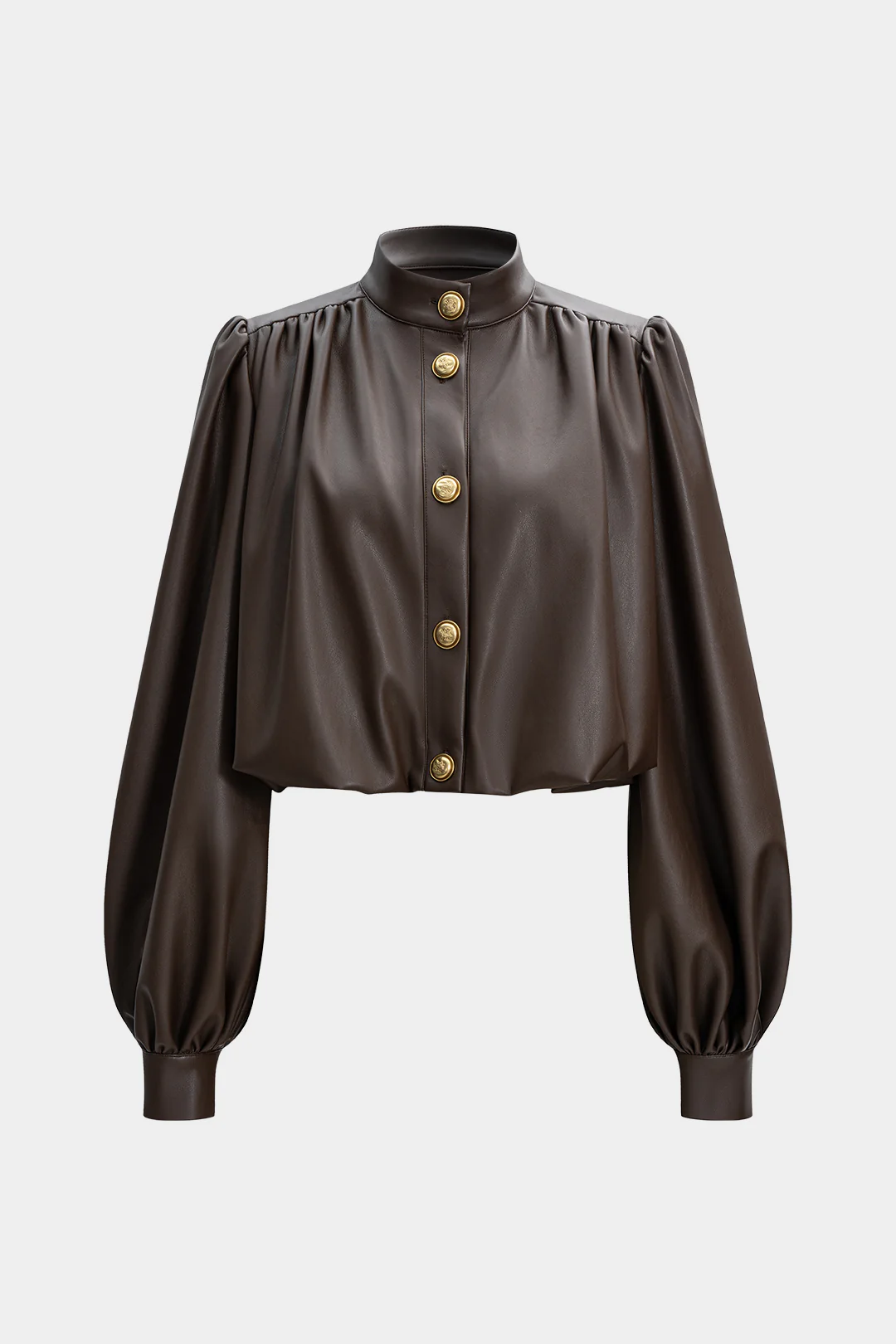 Faux Leather Mock Neck Metallic Button Ruched Jacket