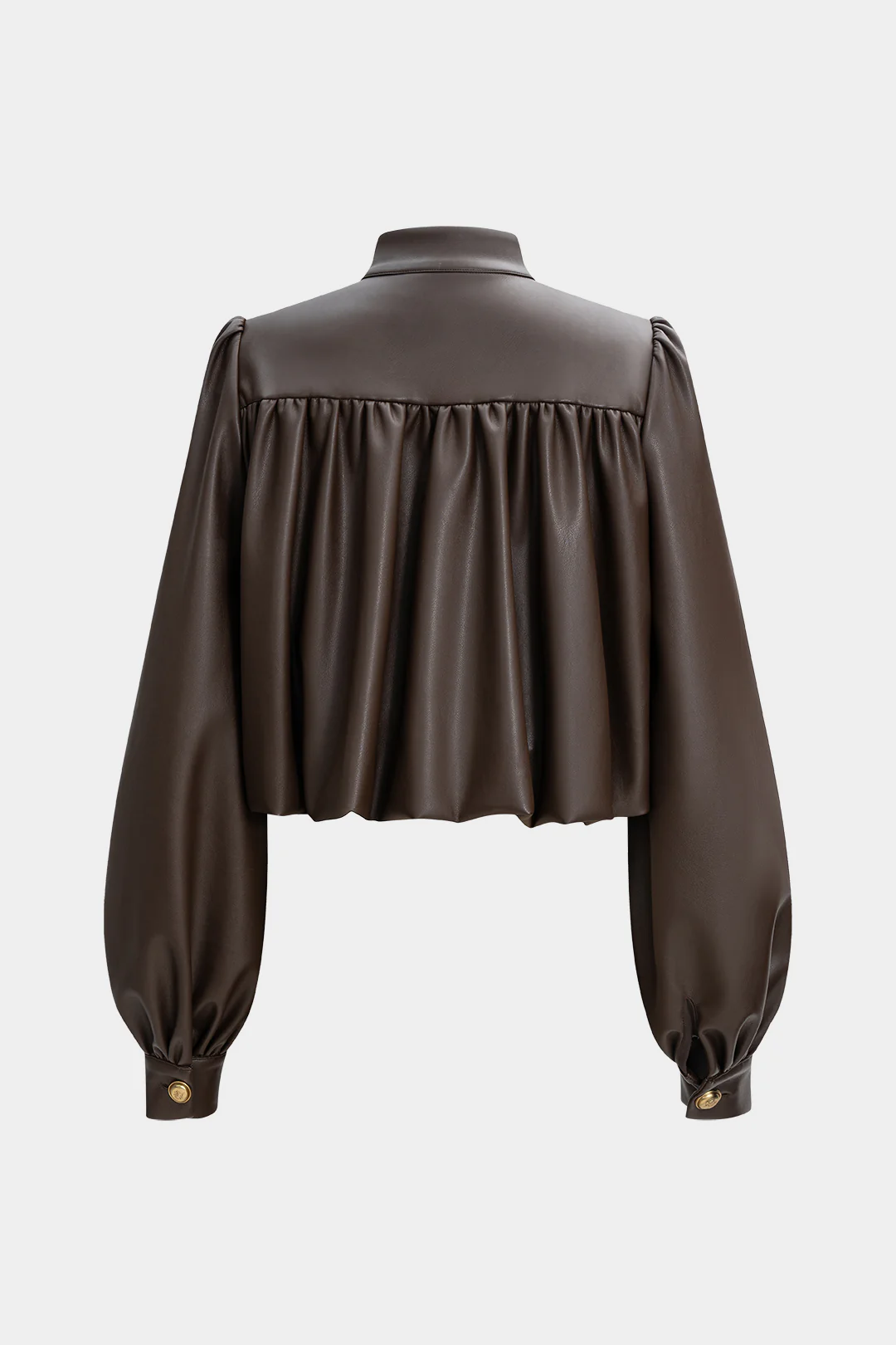 Faux Leather Mock Neck Metallic Button Ruched Jacket - Image 2